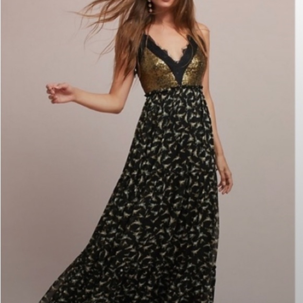 Ranna Gill Lakshmi Floral Gold Sequin Maxi Dress